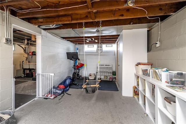exercise room with concrete block wall and carpet flooring