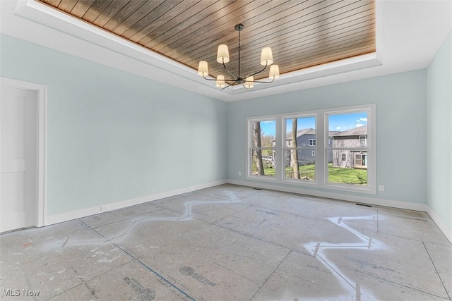 spare room with visible vents, baseboards, a raised ceiling, wooden ceiling, and a notable chandelier