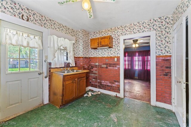 kitchen featuring ceiling fan, brown cabinets, a sink, a wainscoted wall, and wallpapered walls