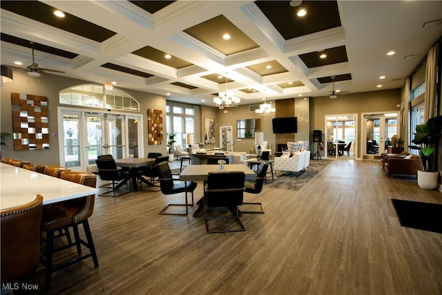 601 Cedar Crest Dr, Elyria, OH 44035 - dining area with french doors, beamed ceiling, dark wood-type flooring, coffered ceiling, and a ceiling fan
