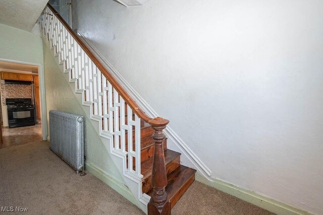 stairway with carpet floors and baseboards