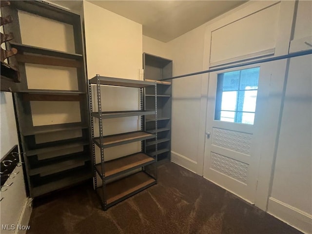 spacious closet featuring dark colored carpet