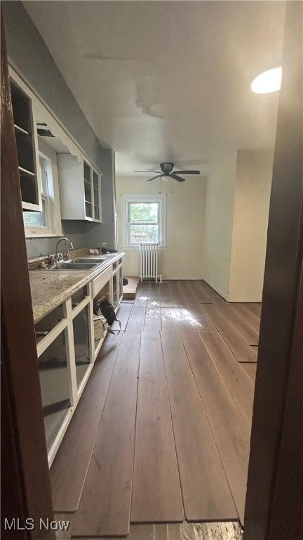 kitchen with ceiling fan, a sink, light countertops, glass insert cabinets, and dark wood-type flooring
