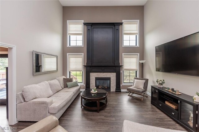 living area featuring a high ceiling, a stone fireplace, and dark wood-type flooring