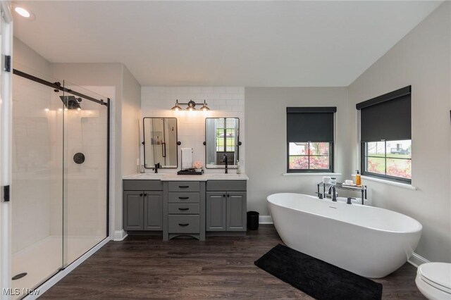 bathroom featuring double vanity, a freestanding tub, wood finished floors, a shower stall, and a sink