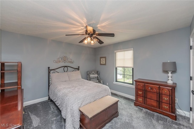 bedroom featuring carpet floors, baseboards, and ceiling fan