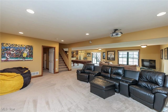 living room featuring pool table, recessed lighting, and light colored carpet