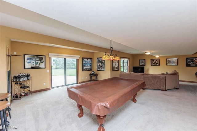 game room featuring baseboards, carpet flooring, and pool table