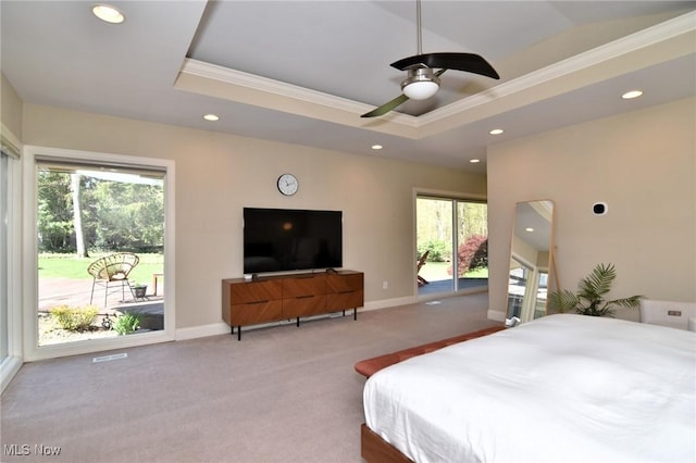 carpeted bedroom with crown molding, baseboards, recessed lighting, access to outside, and a tray ceiling