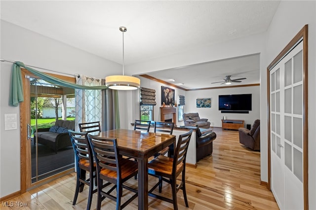 dining room with light wood-style floors, crown molding, baseboards, and ceiling fan