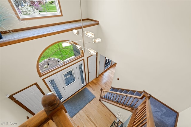 entrance foyer featuring wood finished floors and a high ceiling
