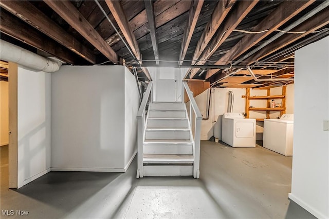 unfinished below grade area with washer and dryer and stairway