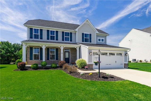 view of front of home featuring covered porch, concrete driveway, a front lawn, and brick siding