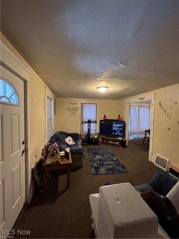 834 Kenyon St, Akron, OH 44311 - living area with carpet flooring, a textured ceiling, and visible vents