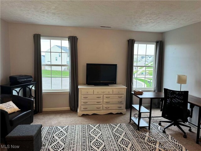 office area with baseboards, carpet, a textured ceiling, and visible vents