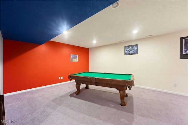 recreation room with baseboards, recessed lighting, carpet, and pool table