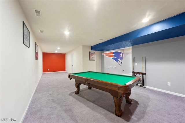 recreation room with visible vents, baseboards, billiards, recessed lighting, and carpet flooring