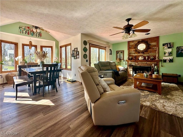 1218 Ohltown Mcdonald Rd, Mineral Ridge, OH 44440 - living room with a ceiling fan, a textured ceiling, dark wood-style flooring, a fireplace, and lofted ceiling