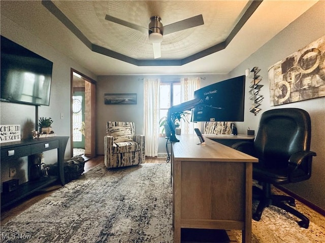1218 Ohltown Mcdonald Rd, Mineral Ridge, OH 44440 - office space with a ceiling fan, a tray ceiling, and wood finished floors