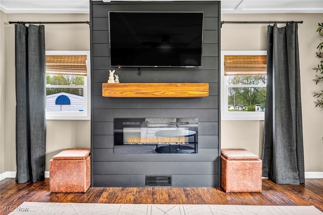 details featuring baseboards, visible vents, wood finished floors, and a fireplace