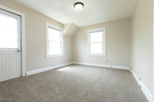 bonus room with a textured ceiling, baseboards, and carpet