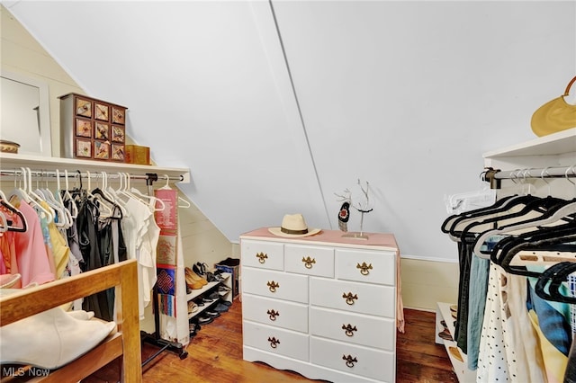 walk in closet featuring wood finished floors and lofted ceiling