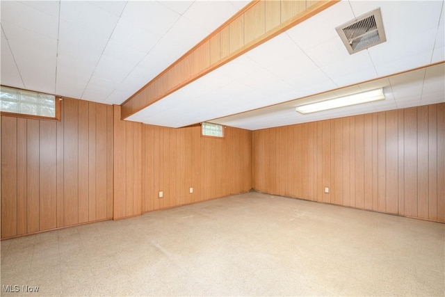 below grade area with visible vents and wooden walls