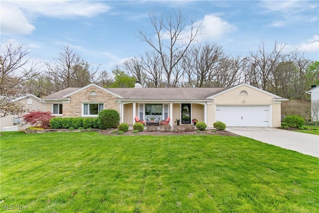 ranch-style home with driveway, a chimney, a front lawn, and a garage