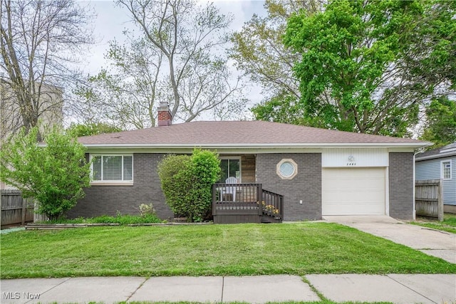 ranch-style house featuring a garage, fence, concrete driveway, and brick siding