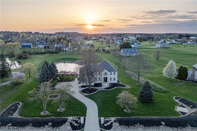 view of aerial view at dusk