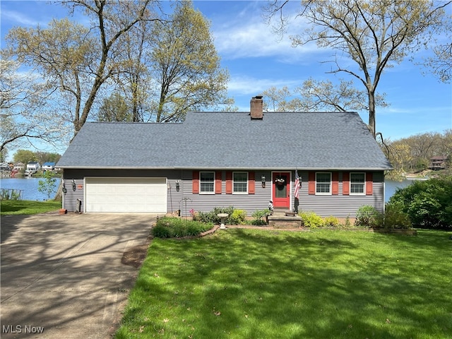 view of front facade featuring a garage, a front lawn, roof with shingles, a chimney, and driveway