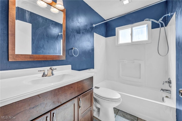 full bath with toilet, tile patterned floors, tub / shower combination, and vanity