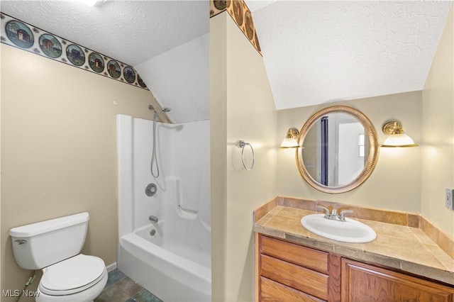 bathroom featuring vanity, toilet, a textured ceiling, tub / shower combination, and lofted ceiling