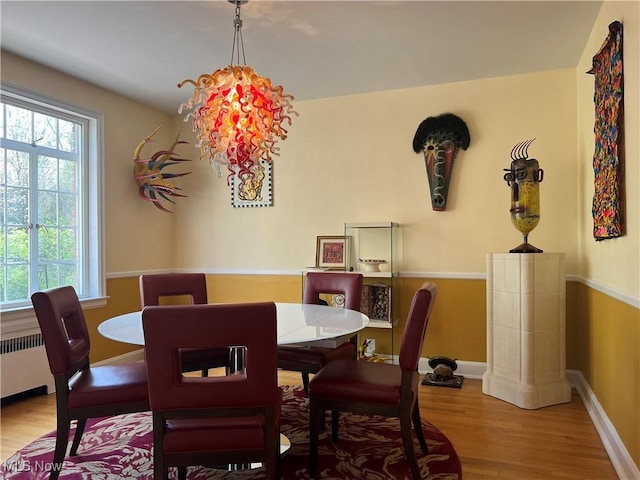 dining room featuring baseboards, wood finished floors, and radiator heating unit