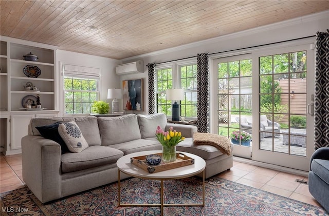 tiled living room featuring plenty of natural light, a wall mounted air conditioner, wood ceiling, and ornamental molding