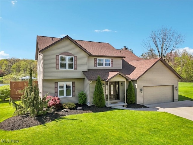 traditional home featuring an attached garage, a shingled roof, driveway, and a front yard