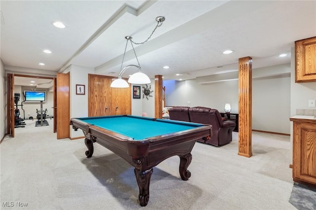 playroom featuring recessed lighting, pool table, and light carpet
