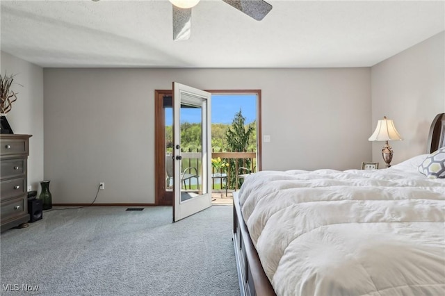 bedroom with carpet flooring, access to exterior, a ceiling fan, baseboards, and visible vents