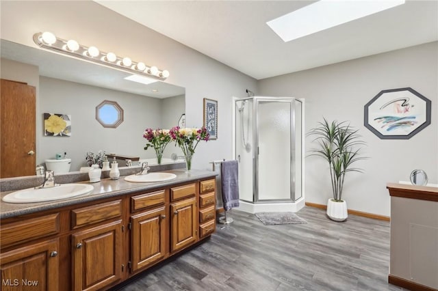 bathroom with double vanity, a sink, a stall shower, and a skylight