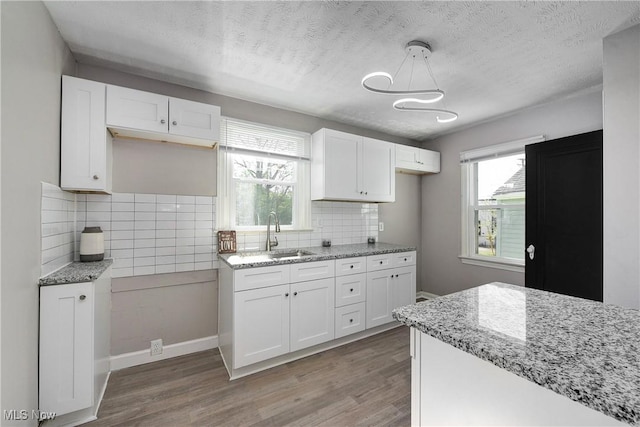 kitchen featuring a sink, light stone counters, white cabinets, and wood finished floors