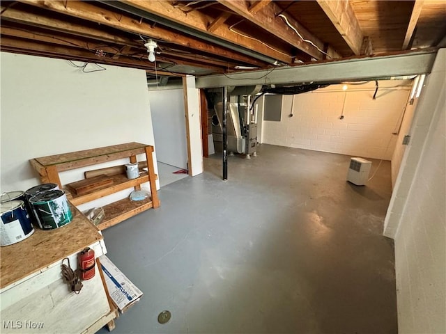 unfinished below grade area featuring heating unit