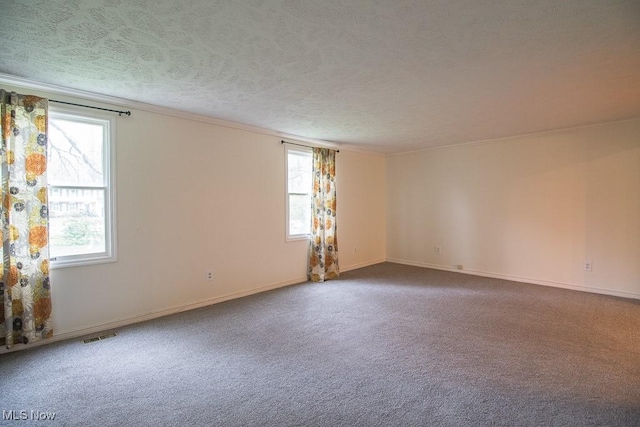 carpeted spare room with a healthy amount of sunlight, baseboards, and a textured ceiling