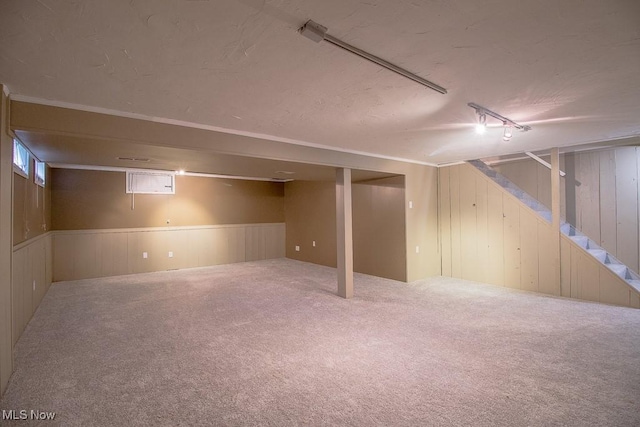 finished below grade area featuring wood walls, carpet, and stairway