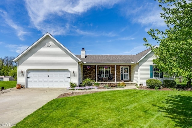 ranch-style house featuring covered porch, driveway, a chimney, a front lawn, and an attached garage