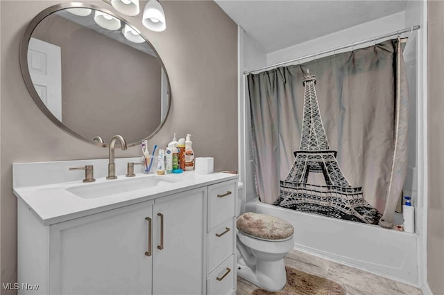 bathroom with vanity, shower / bathtub combination with curtain, and toilet