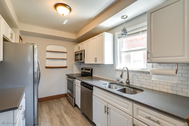 3860 Colony Rd, South Euclid, OH 44118 - kitchen with white cabinets, dark countertops, a sink, stainless steel appliances, and backsplash