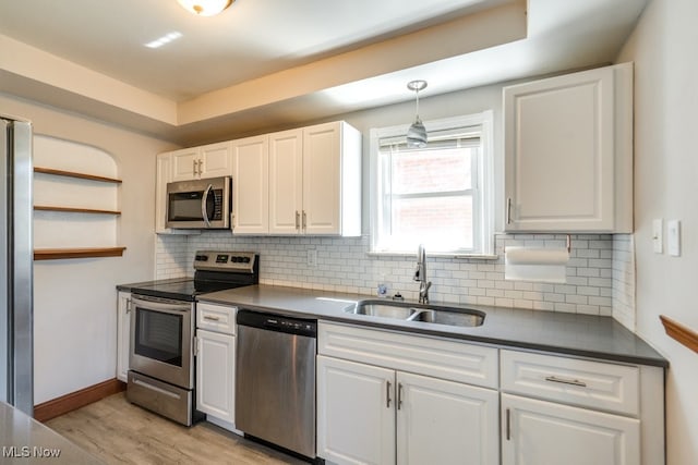 3860 Colony Rd, South Euclid, OH 44118 - kitchen with white cabinets, appliances with stainless steel finishes, a sink, and light wood finished floors