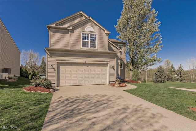 traditional home with a garage, driveway, a front yard, and central AC unit