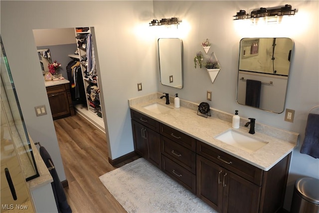 bathroom featuring double vanity, a sink, a walk in closet, and wood finished floors