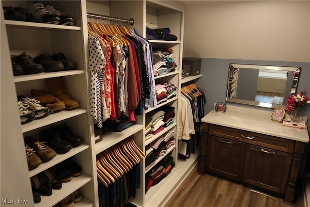 walk in closet featuring dark wood-type flooring